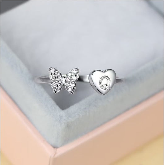 Silver Adjustable Butterfly Letter Q Ring