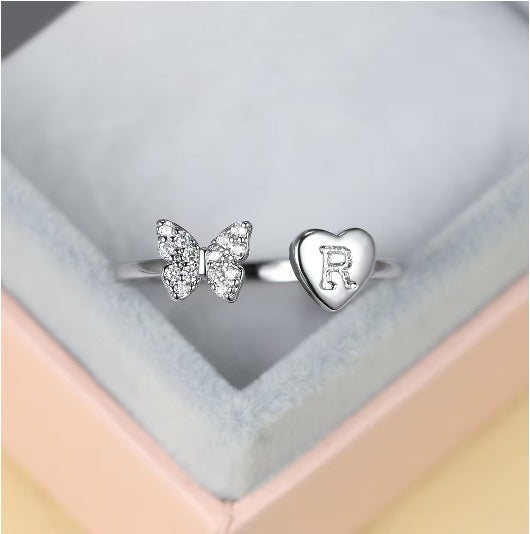 Silver Adjustable Butterfly Letter R Ring