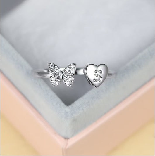 Silver Adjustable Butterfly Letter S Ring