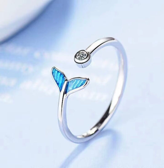 Blue Mermaid Tail Silver Plated Adjustable Ring