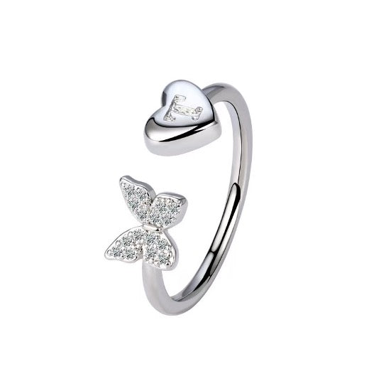 Silver Adjustable Butterfly Letter T Ring