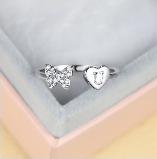 Silver Adjustable Butterfly Letter U Ring