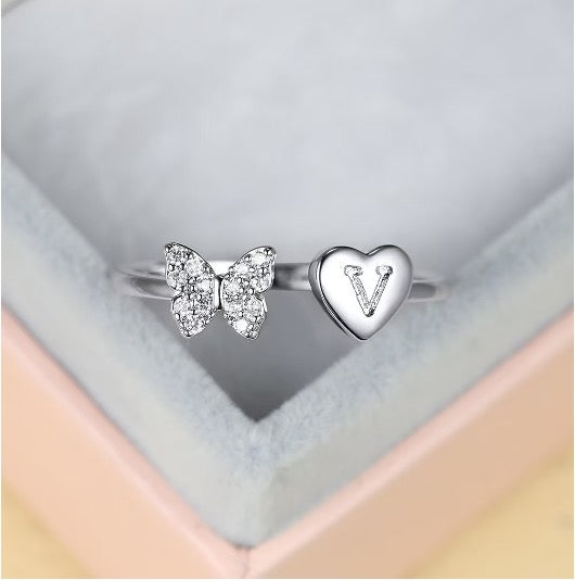 Silver Adjustable Butterfly Letter V Ring