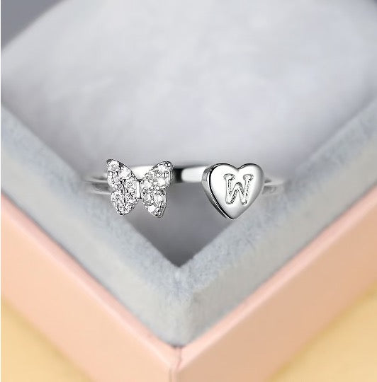 Silver Adjustable Butterfly Letter W Ring