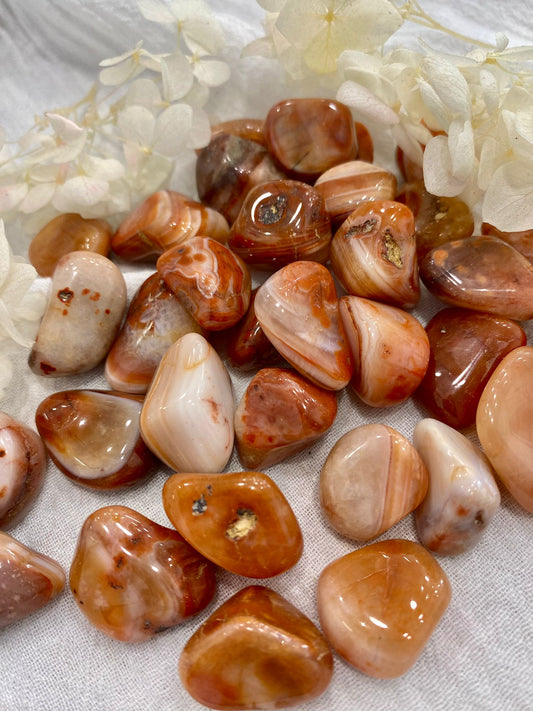 Several small crystal sardonyx tumbled stones with an agate pattern, in a pile. 
