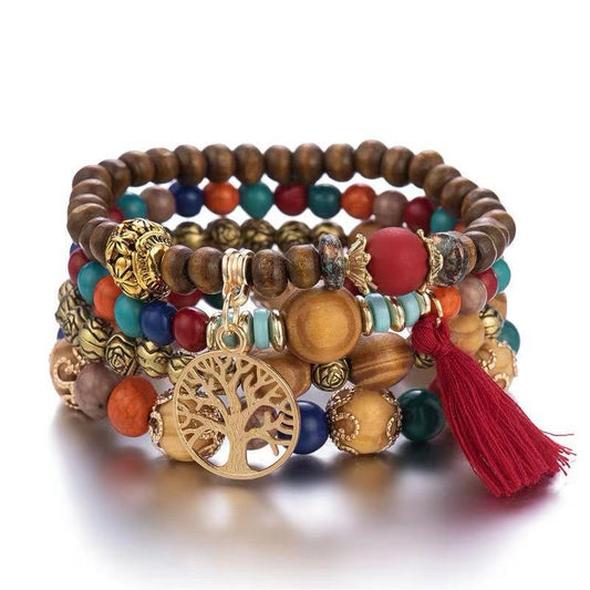 Red Tree of Life Tassel Bracelet Stack
