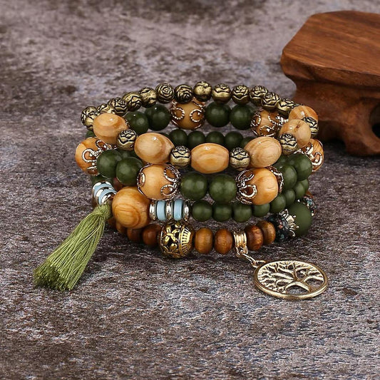 Dark Blue Tree of Life Tassel Bracelet Stack