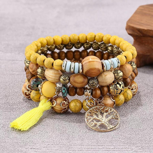 Yellow Tree of Life Tassel Bracelet Stack