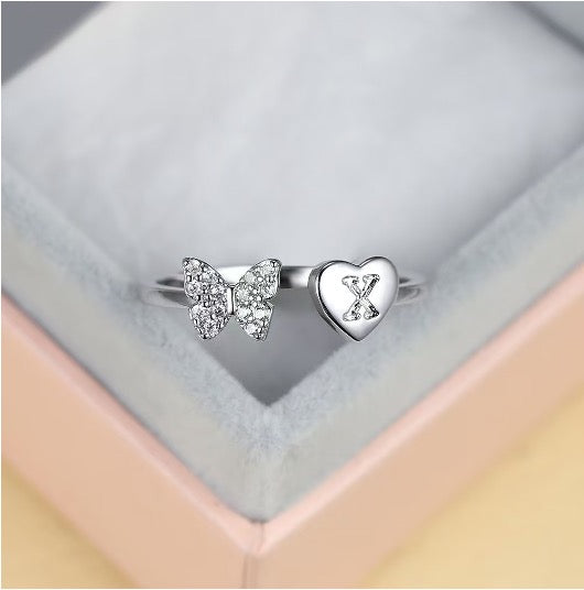 Silver Adjustable Butterfly Letter X Ring