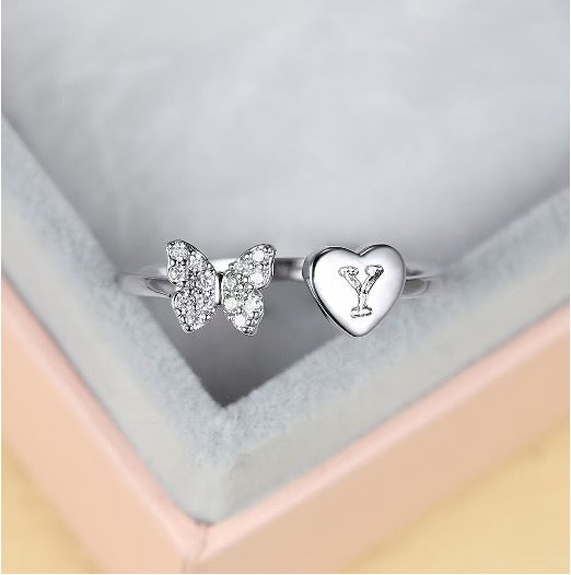 Silver Adjustable Butterfly Letter Y Ring