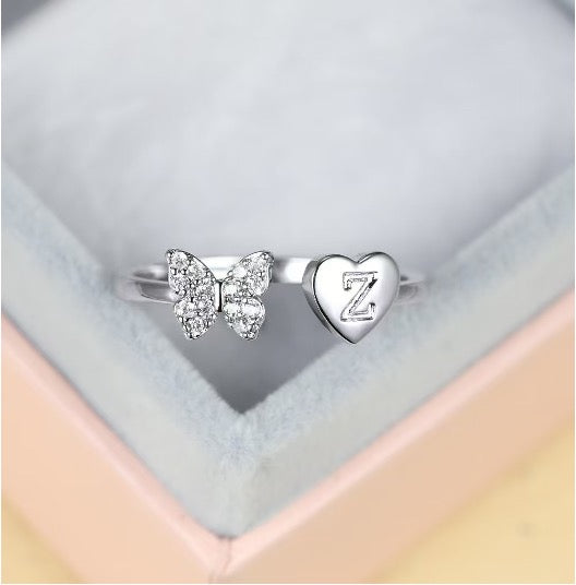 Silver Adjustable Butterfly Letter Z Ring