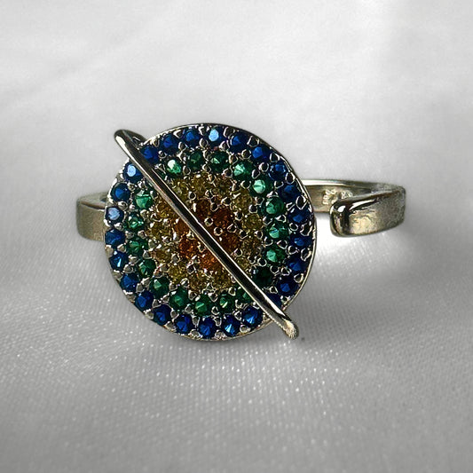 Diamanté  Silver Adjustable Round Rainbow Ring