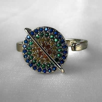 Diamanté  Silver Adjustable Round Rainbow Ring