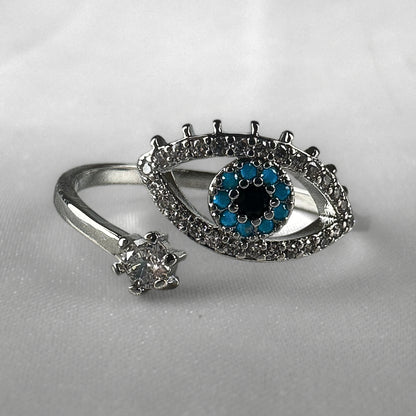 Diamanté Open Silver  Adjustable Evil Eye Ring