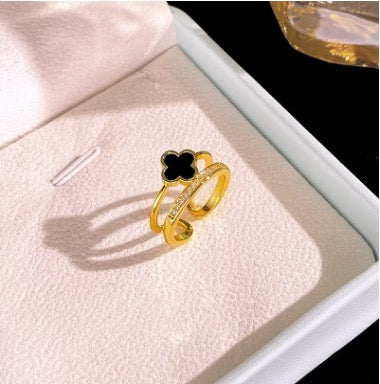 Gold Enamel Black Clover Ring