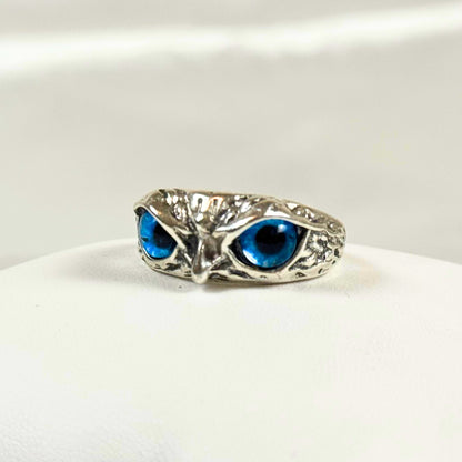 Silver Owl Ring with Blue Eyes - Dylan's Den Crystal Shop