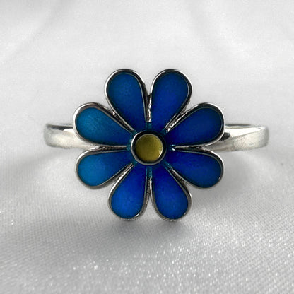 Blue Silver Adjustable Enamel Flower Ring