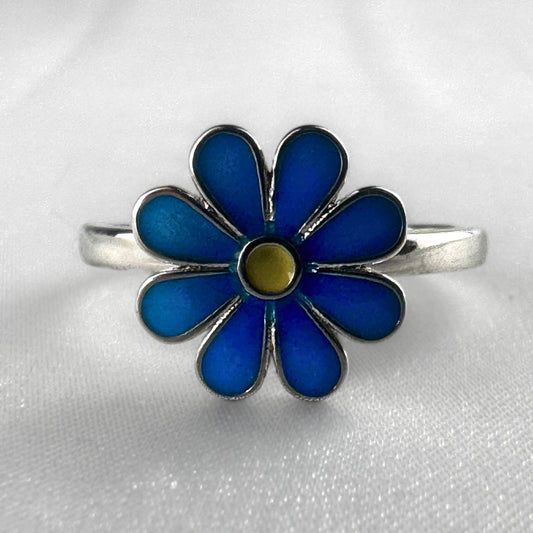Blue Silver Adjustable Enamel Flower Ring