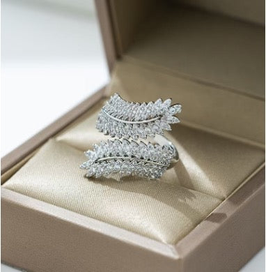 Silver Double Diamanté Leaf Ring