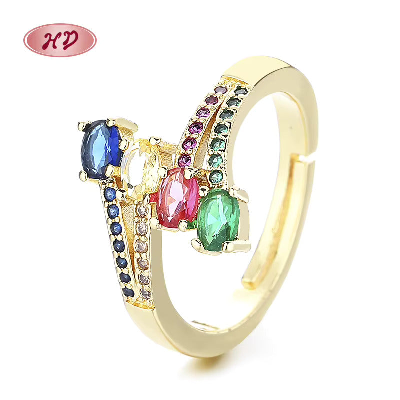 Multi-Coloured Diamanté Gem Gold Ring