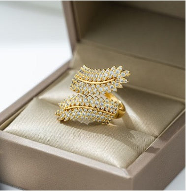 Gold Double Diamanté Leaf Ring