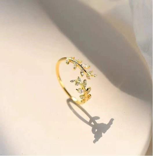 Gold Adjustable Diamanté Leaf Wrap Ring