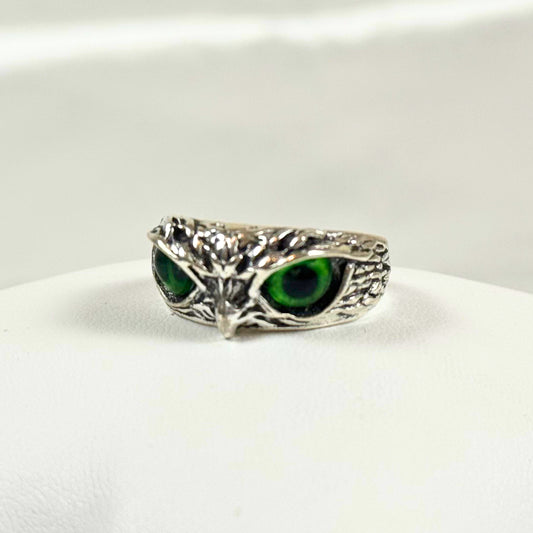 Silver Owl Ring with Green Eyes - Dylan's Den Crystal Shop