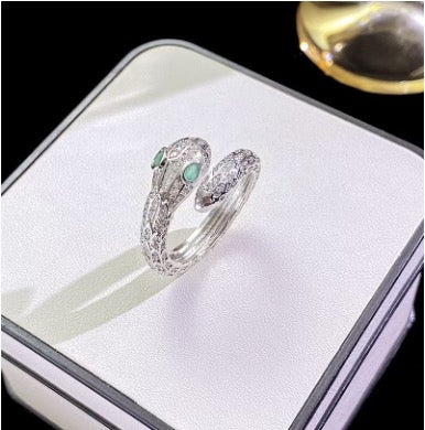 Silver Large Snake with Green Eyes Ring
