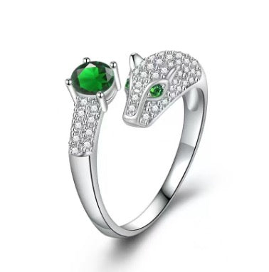 Silver Diamanté Green Panther Ring