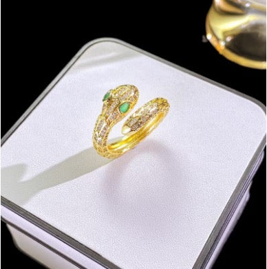 Gold Large Snake with Green Eyes Ring