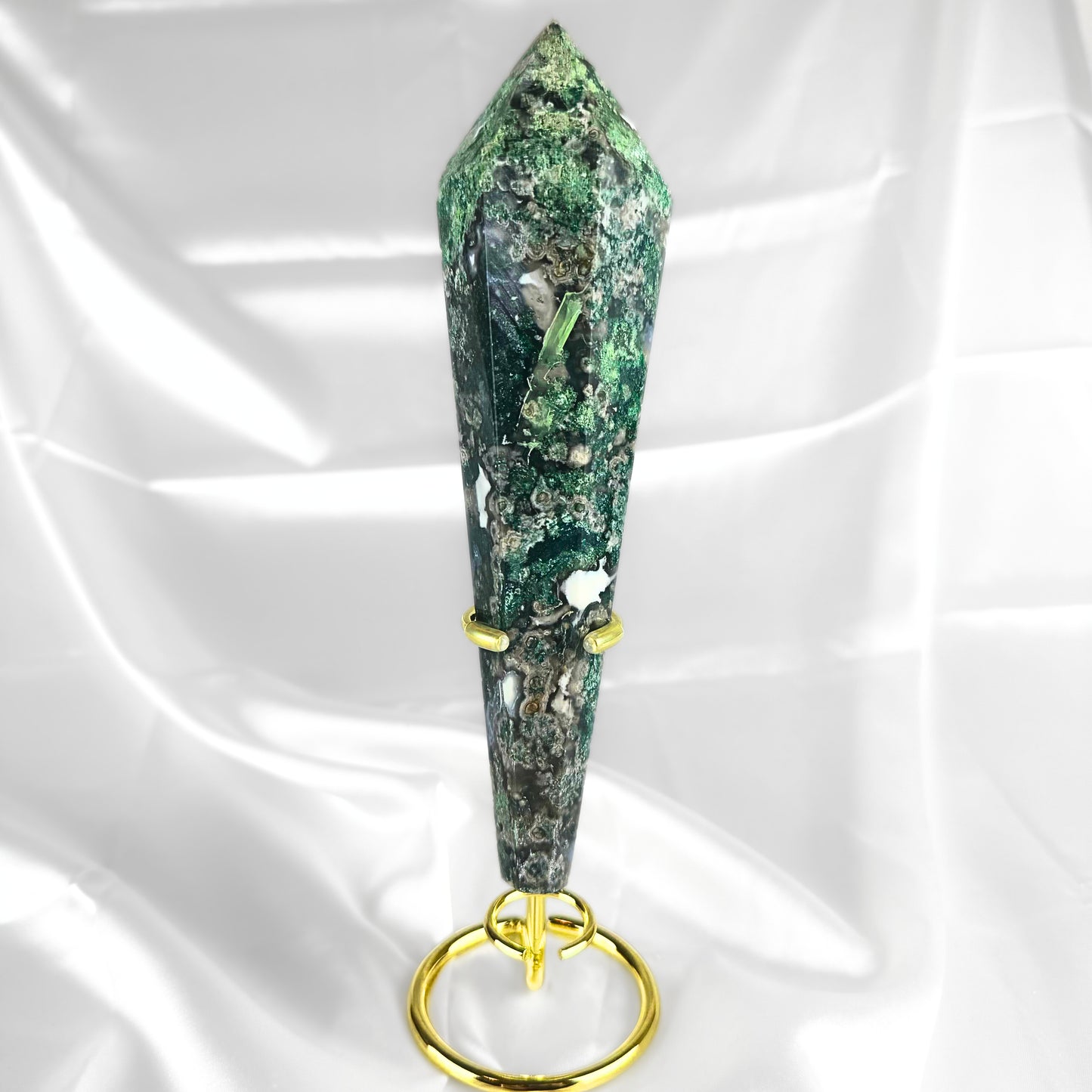 Moss Agate Wand with Stand - A