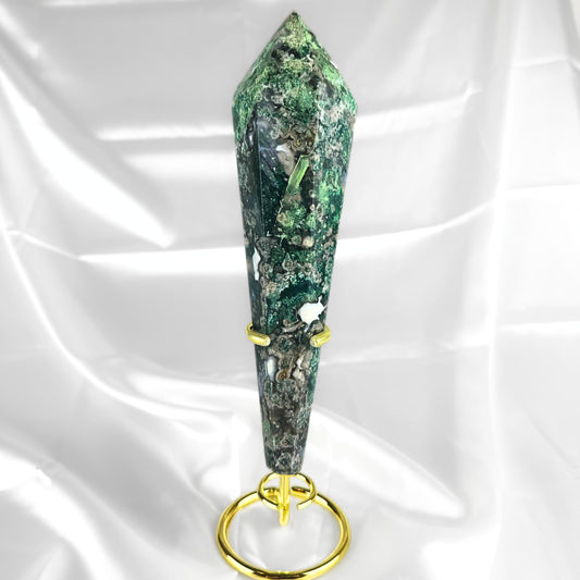 Moss Agate Wand with Stand - A