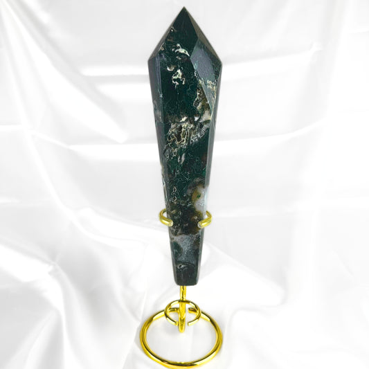 Moss Agate Wand with Stand - B
