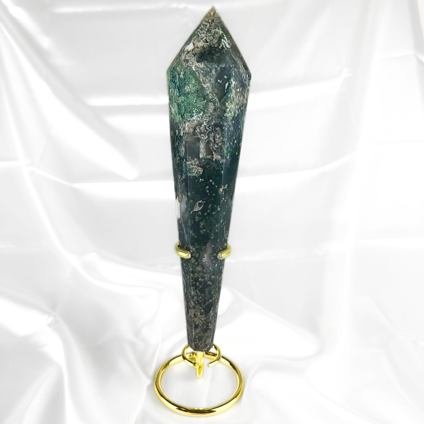 Moss Agate Crystal  Wand with Stand - C