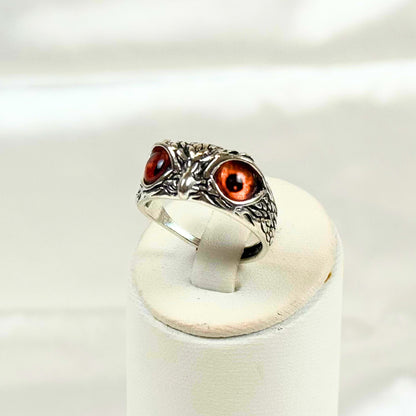 Silver Owl Ring with Orange Eyes - Dylan's Den Crystal Shop