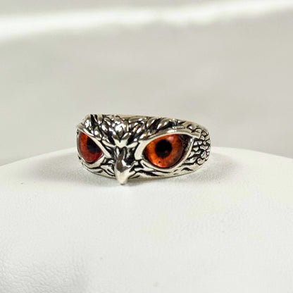 Silver Owl Ring with Orange Eyes - Dylan's Den Crystal Shop