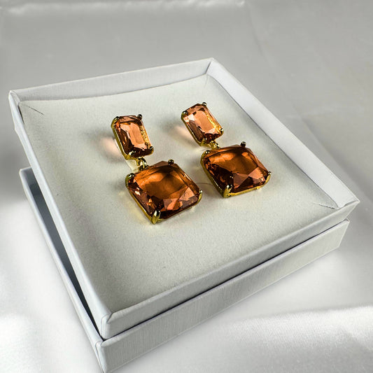 Silver Square Orange Glass Earrings