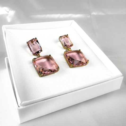 Silver Square Pink Glass Earrings