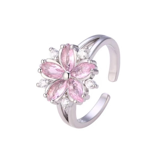 Pink Flower Silver Adjustable Ring