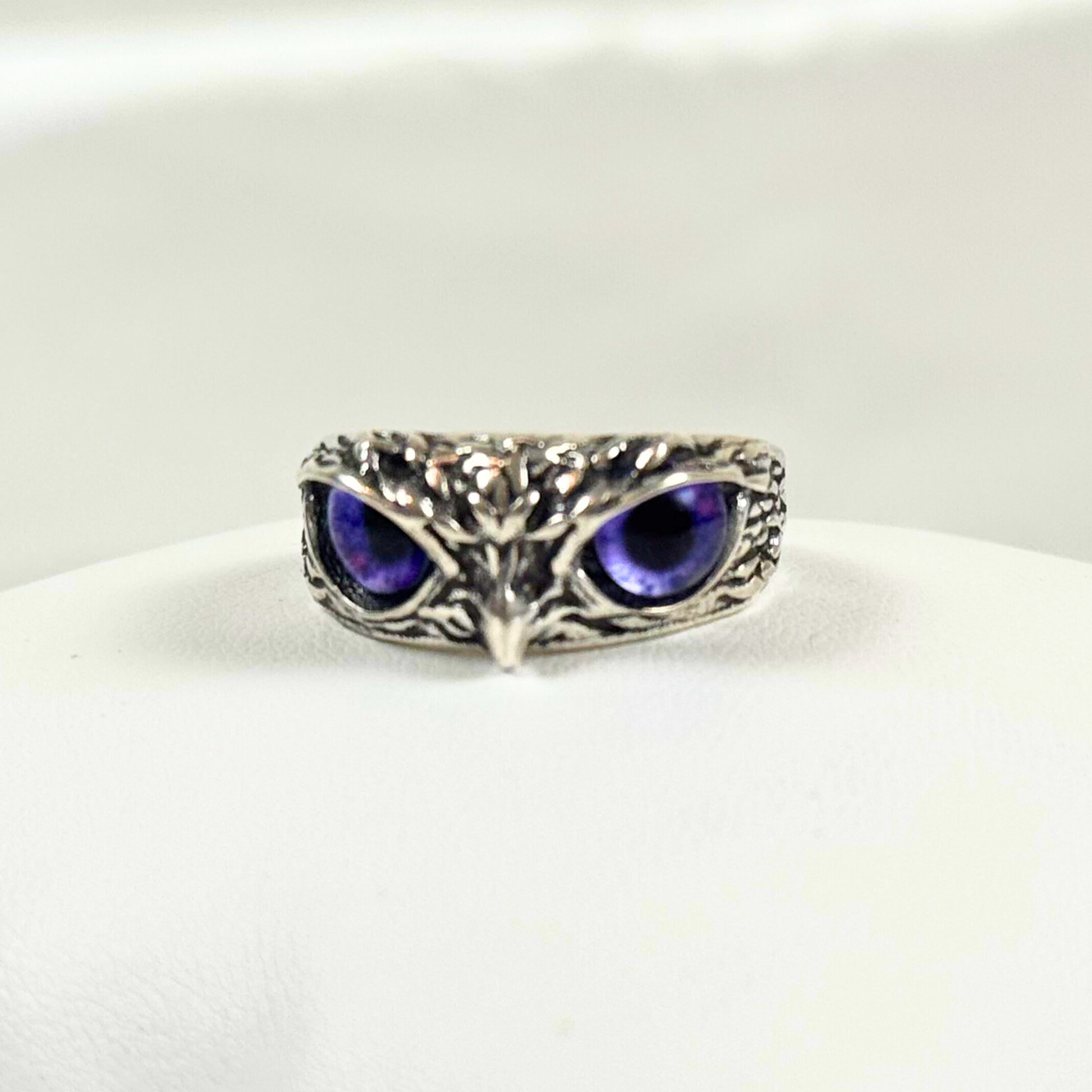 Silver Owl Ring with Purple Eyes - Dylan's Den Crystal Shop