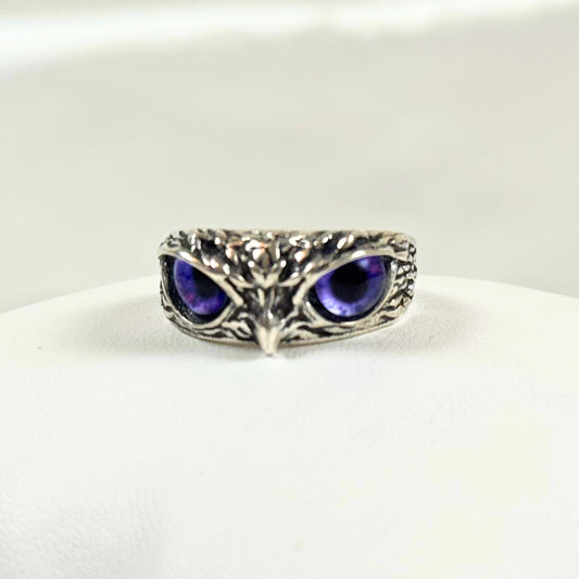Silver Owl Ring with Purple Eyes - Dylan's Den Crystal Shop