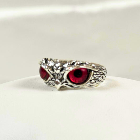 Silver Owl Ring with Red Eyes - Dylan's Den Crystal Shop