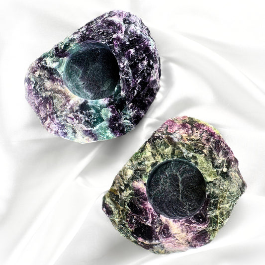 Rough Rainbow Fluorite Crystal Tea-Light Holder