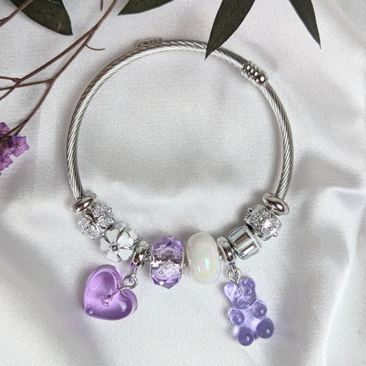 Purple Heart and Teddy Charm Bracelet