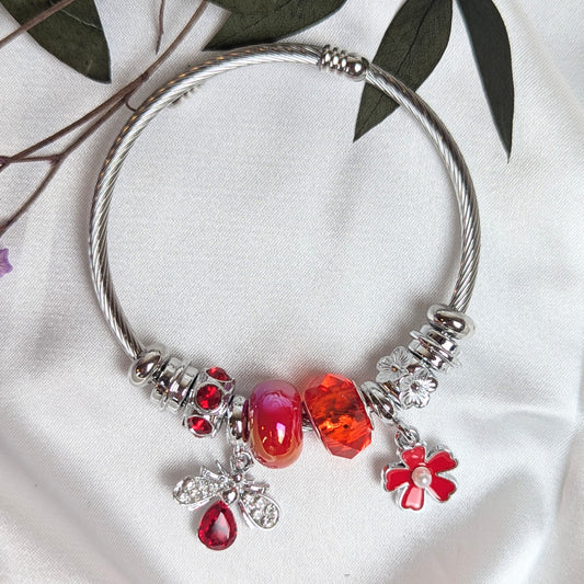 Red Flower and Bee Charm Bracelet
