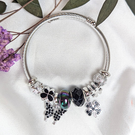 Black Butterfly and Clover Charm Bracelet