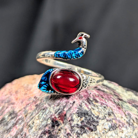 Silver Plated Adjustable Peacock - Blue/Red Ring