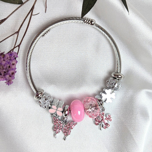 Pink Butterfly and Clover Charm Bracelet