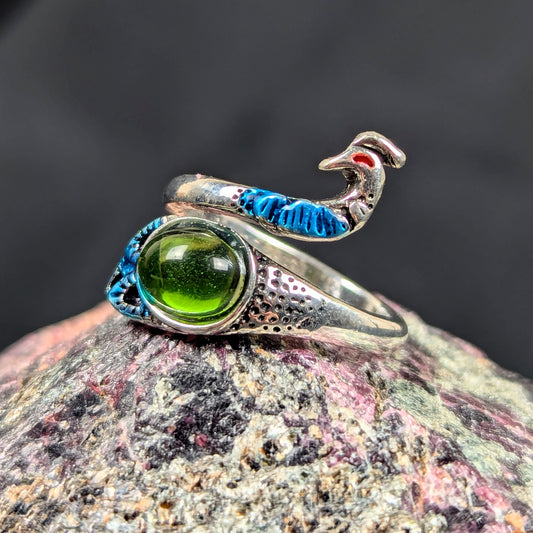 Silver Plated Adjustable Peacock - Blue/Green Ring