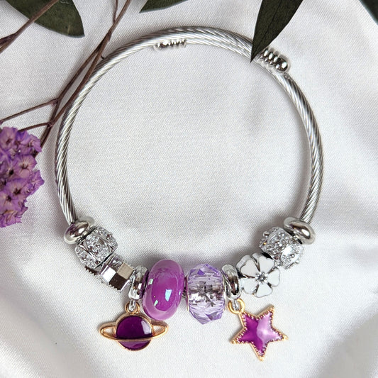 Purple Planet and Star Charm Bracelet